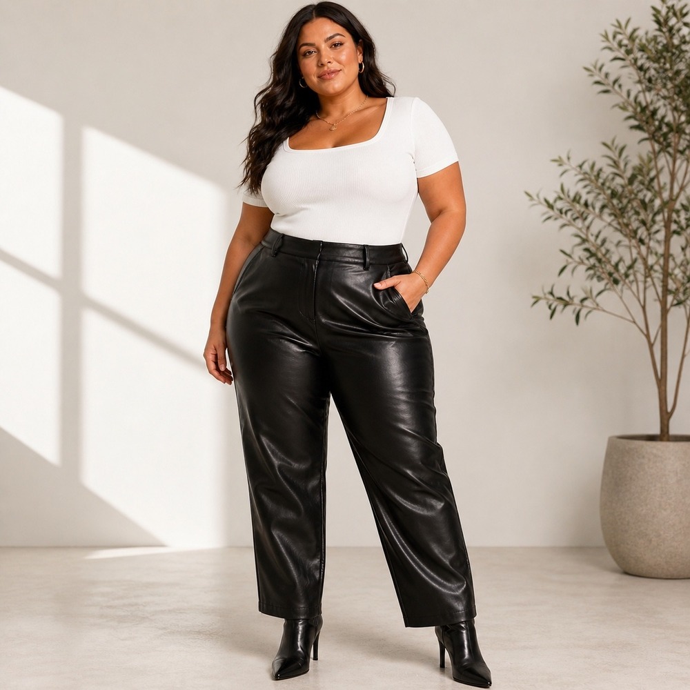 Lane Bryant Black Faux Leather Straight Leg Pants Plus Sz 24S High Rise Pintuck